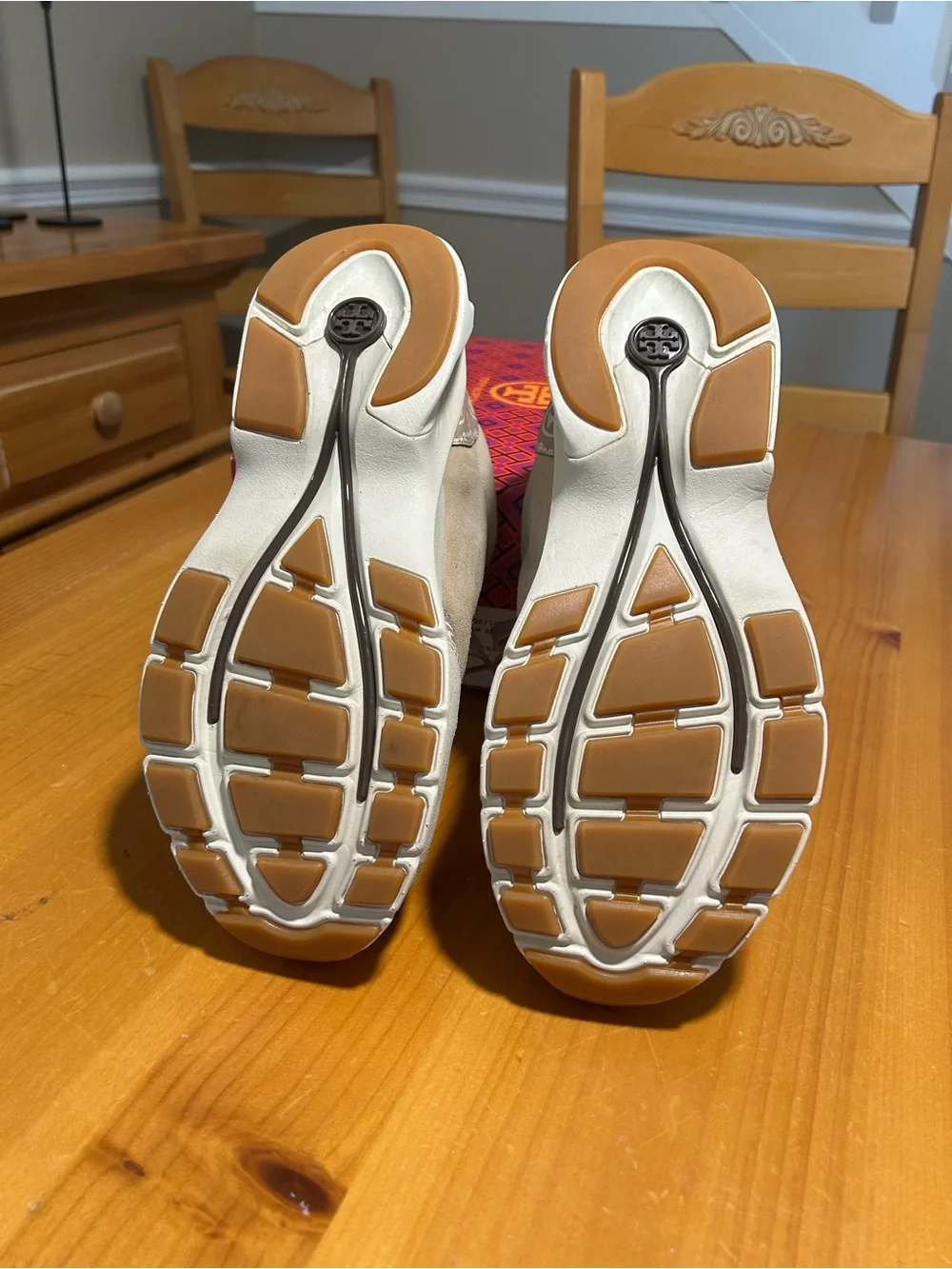 Tory Burch Light Beige Suede T monogram good luck trainer